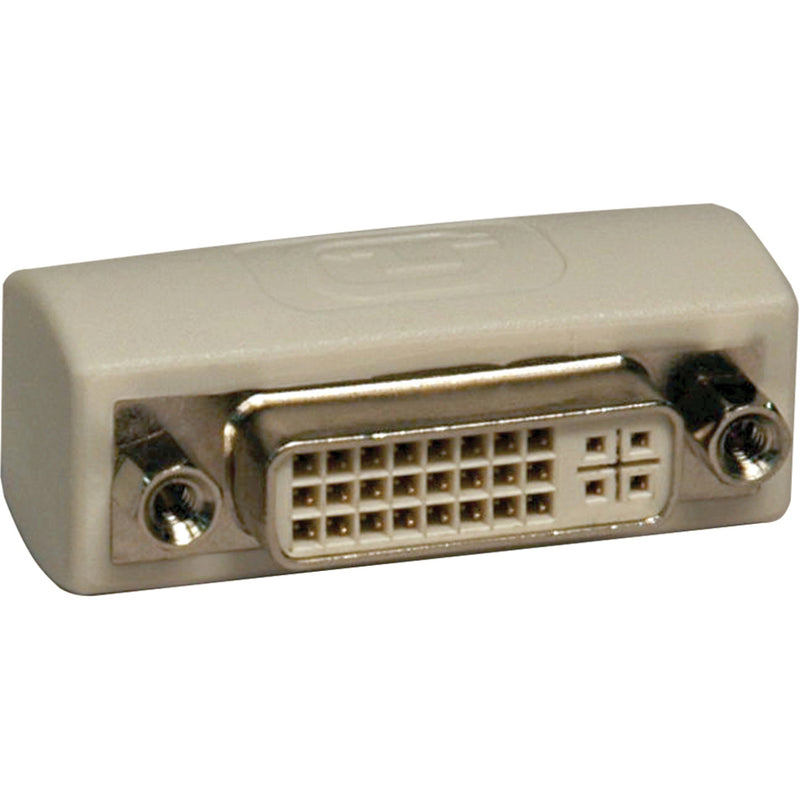 Ivory-colored DVI-I female to female gender changer adapter with gold-plated contacts and mounting screws