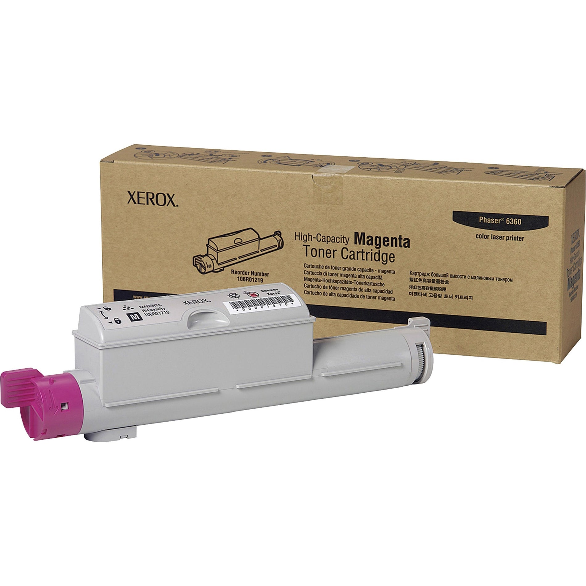 Xerox 106R01219 high-capacity magenta toner cartridge with retail packaging for Phaser 6360 printer-alternate-image1