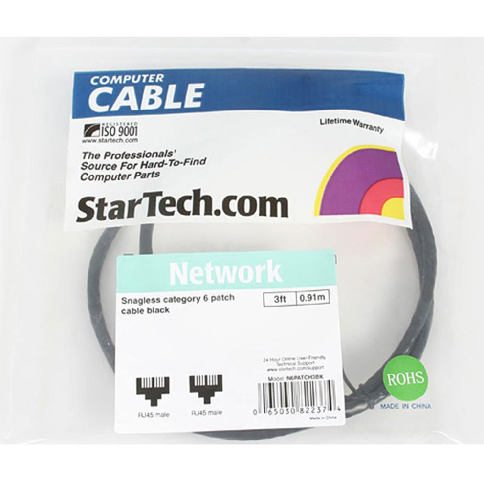 Marca: StarTech.com Cable de conexión Cat. 6 N6PATCH3BK 3 ft Negro Sin enganches ETL Verificado