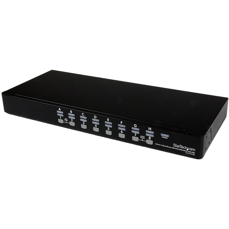 Front angled view of StarTech.com 16-port KVM switch showing push-button controls and LED indicators