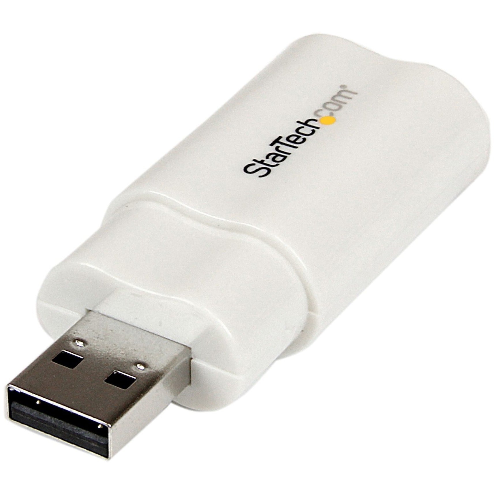 Close-up view of StarTech.com USB audio adapter's USB connector and white housing-alternate-image2