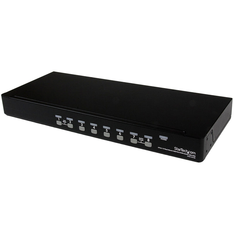 Front view of StarTech.com 8-port KVM switch showing numbered selection buttons and power control