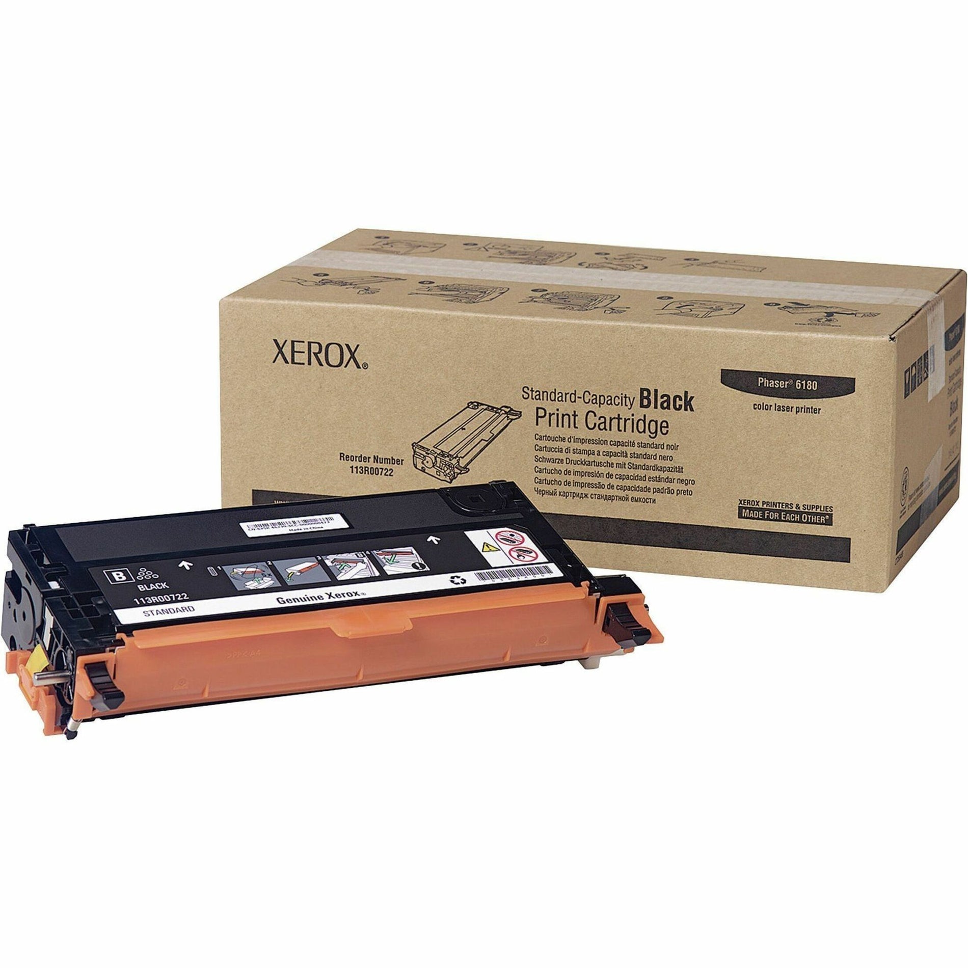 Xerox 113R00722 black toner cartridge for Phaser 6180 series shown with retail packaging displaying product specifications and compatibility information-alternate-image1