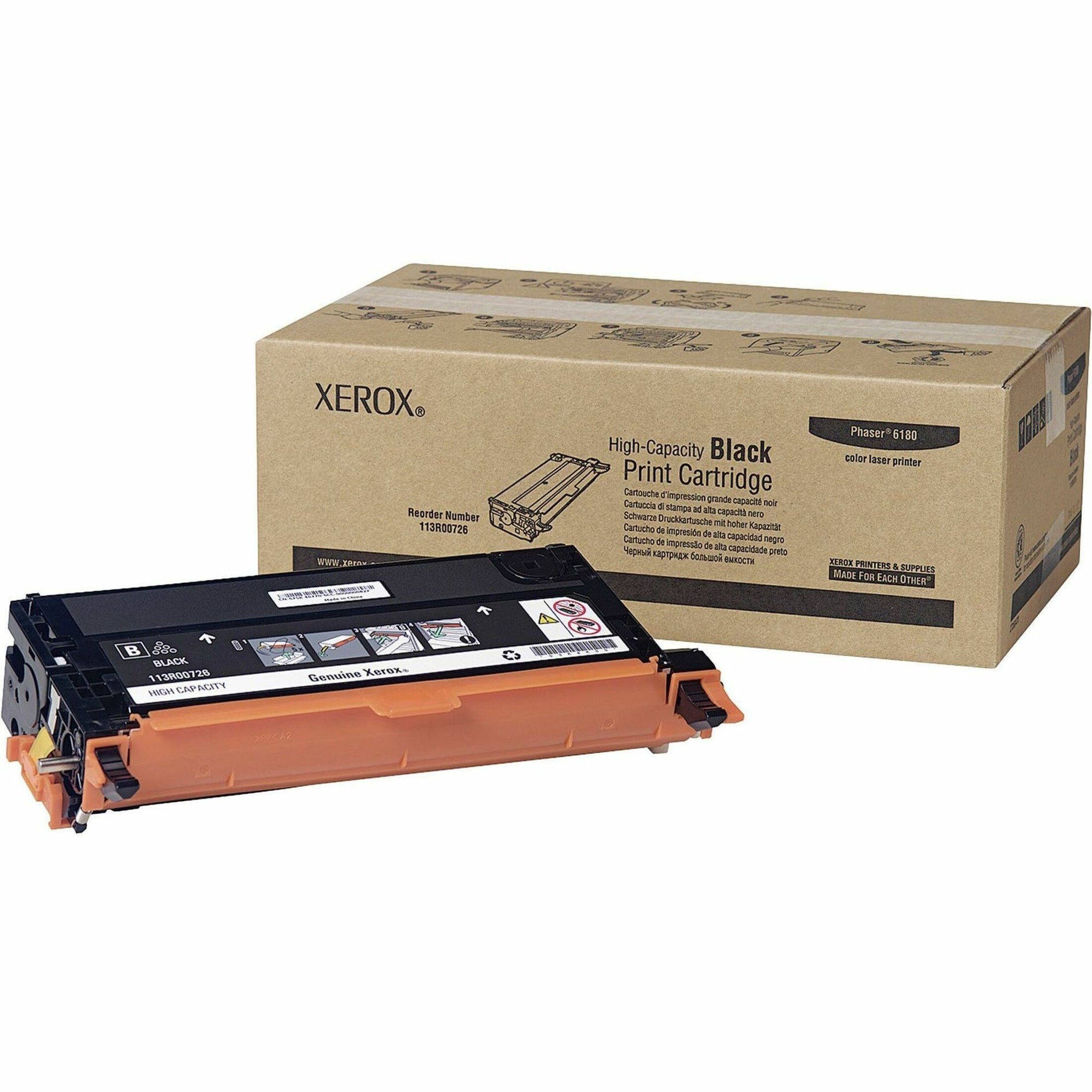 Xerox 113R00726 high-capacity black toner cartridge for Phaser 6180 printer shown with retail packaging-alternate-image1