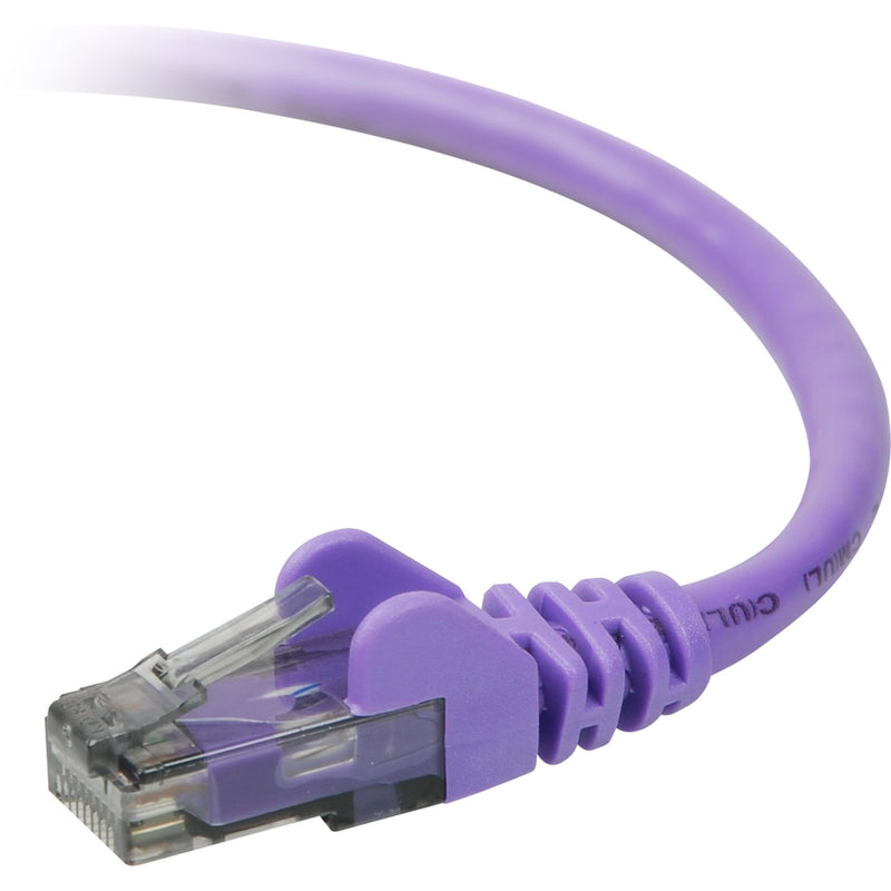 Close-up view of Belkin Cat 6 purple ethernet cable connector showing snagless boot design and RJ-45 termination