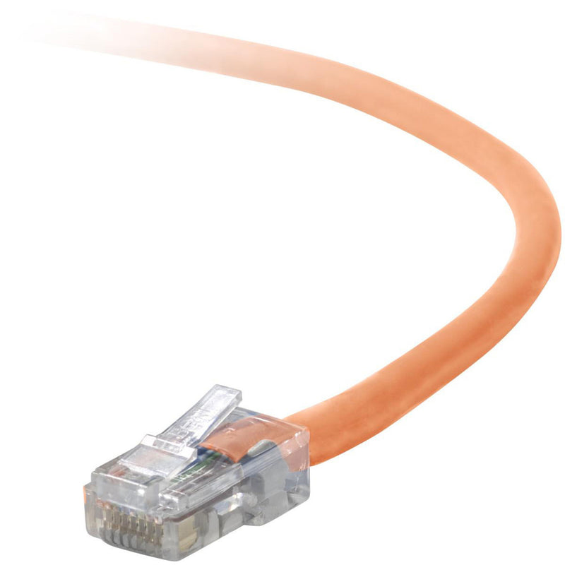 Orange Cat5e network cable with clear RJ45 connector and snagless boot design