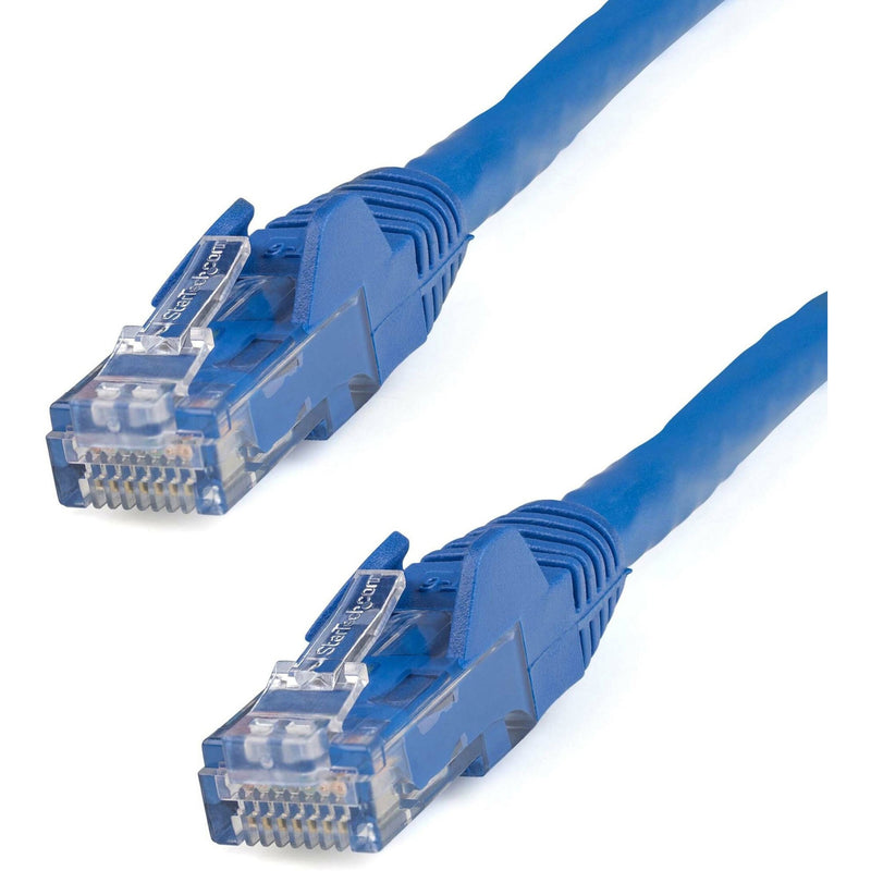 Close-up view of blue Cat6 cable RJ45 connectors showing gold-plated contacts and snagless design