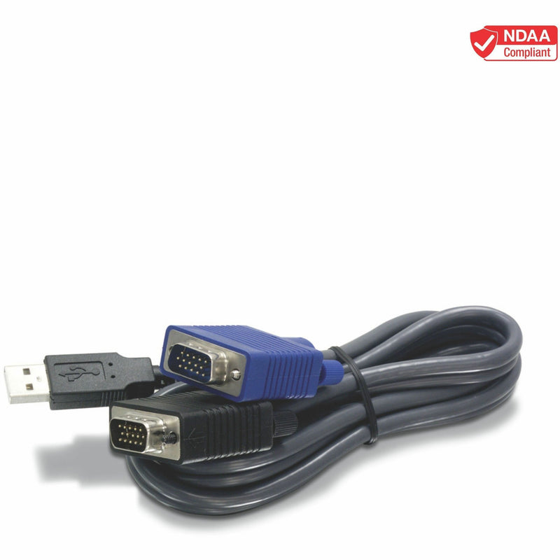 TRENDnet TK-CU06 KVM cable showing USB Type A connector and dual VGA HD-15 connectors in black and blue