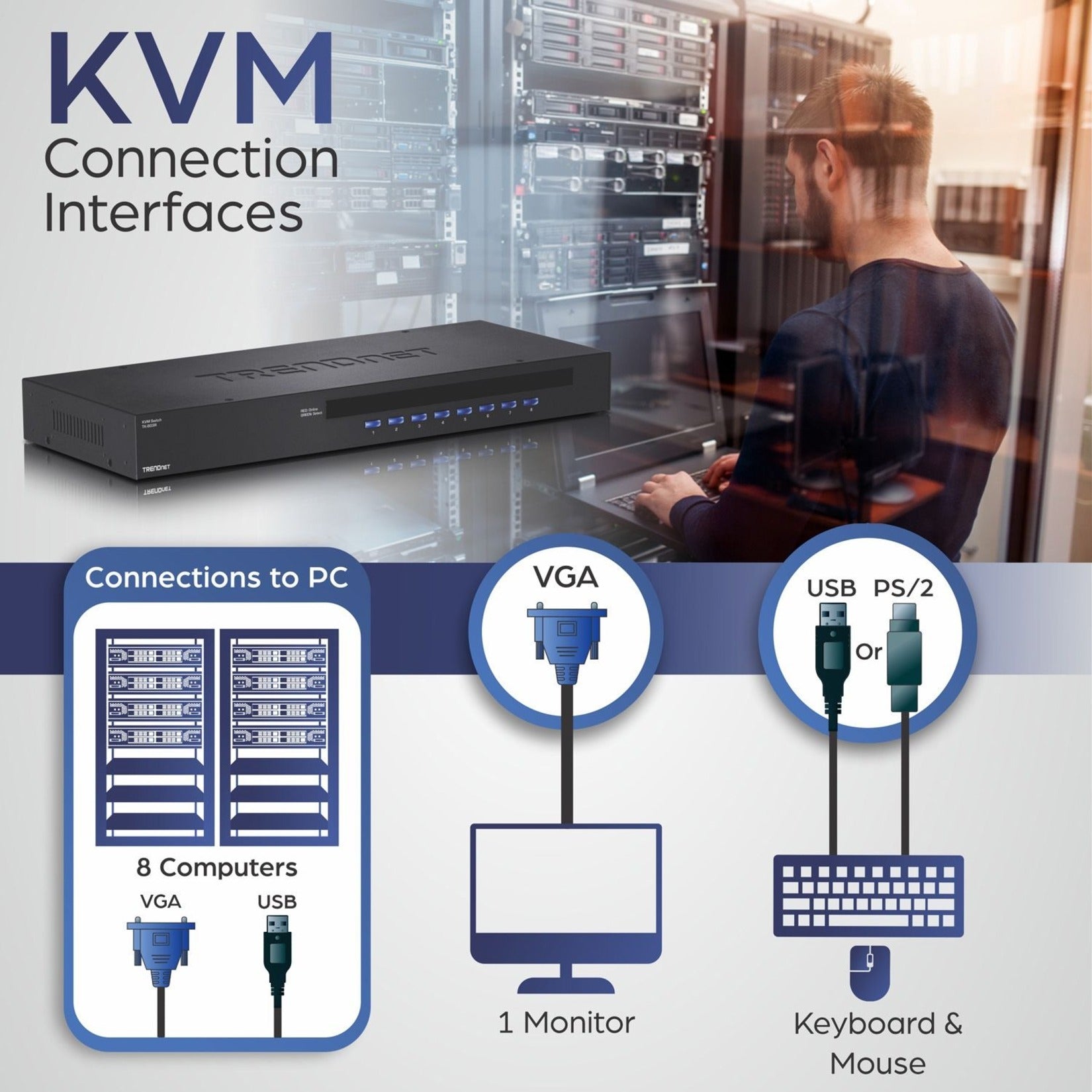 TRENDnet TK-803R Commutateur KVM 8 ports montable en rack connexion VGA et USB surveillance des appareils analyse automatique contrôle de jusqu'à 8 ordinateurs/serveurs