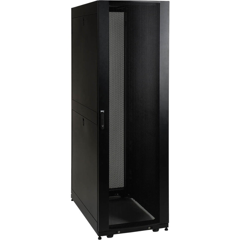 Front view of Tripp Lite SR42UBSP1 42U server cabinet featuring mesh door design and secure locking mechanism