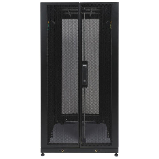 Rear view of SR25UBSP1 server cabinet showing split mesh doors