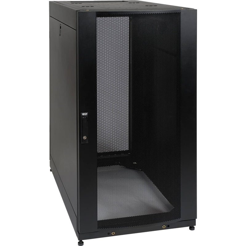 Front angled view of Tripp Lite SR25UBSP1 25U server cabinet showing perforated mesh door design