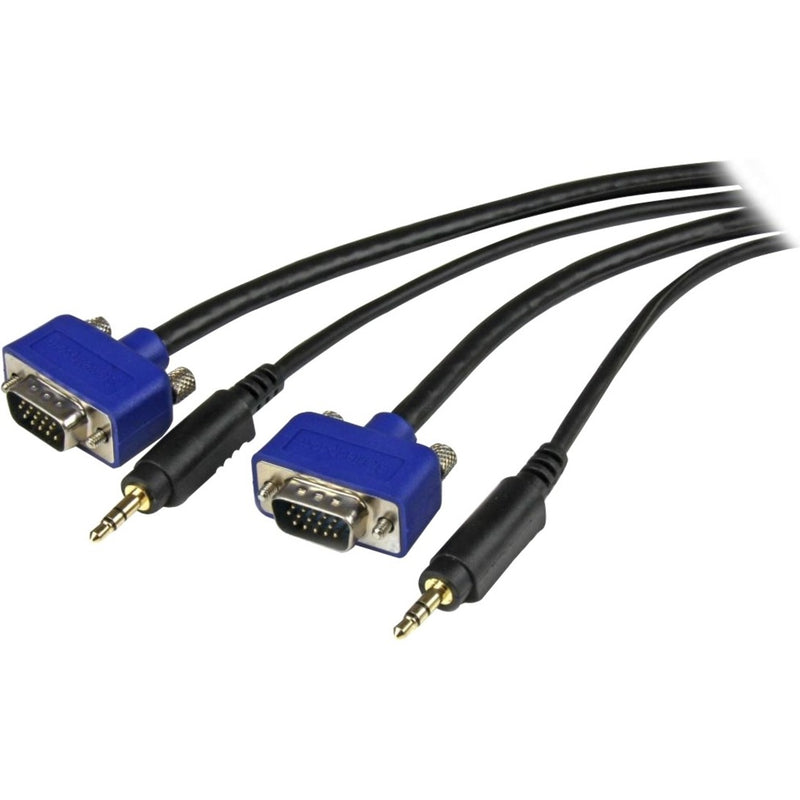 StarTech.com VGA cable with dual connectors showing blue DB15 VGA ports and 3.5mm audio jacks against white background