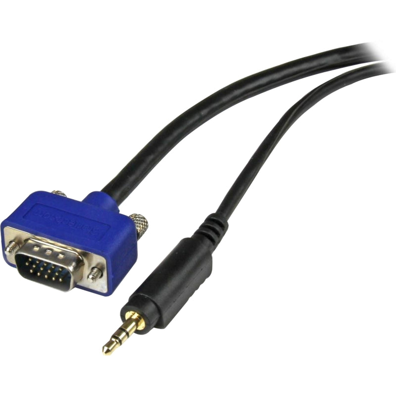 Detailed view of StarTech.com VGA cable connector showing blue housing and gold-plated audio jack