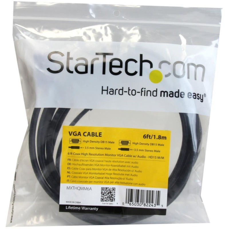 StarTech.com VGA cable retail packaging showing product specifications and lifetime warranty information