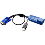 Raritan D2CIM-VUSB KVM adapter cable showing blue HD-15 connector, black USB connector, and integrated RJ-45 port