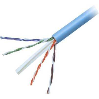 Close-up view of Belkin Cat.6 cable internal construction showing four twisted pairs of copper conductors with blue outer jacket