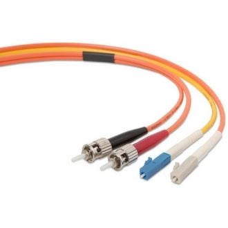 Belkin mode conditioning fiber optic patch cable showing LC and ST connectors with orange cable jacket