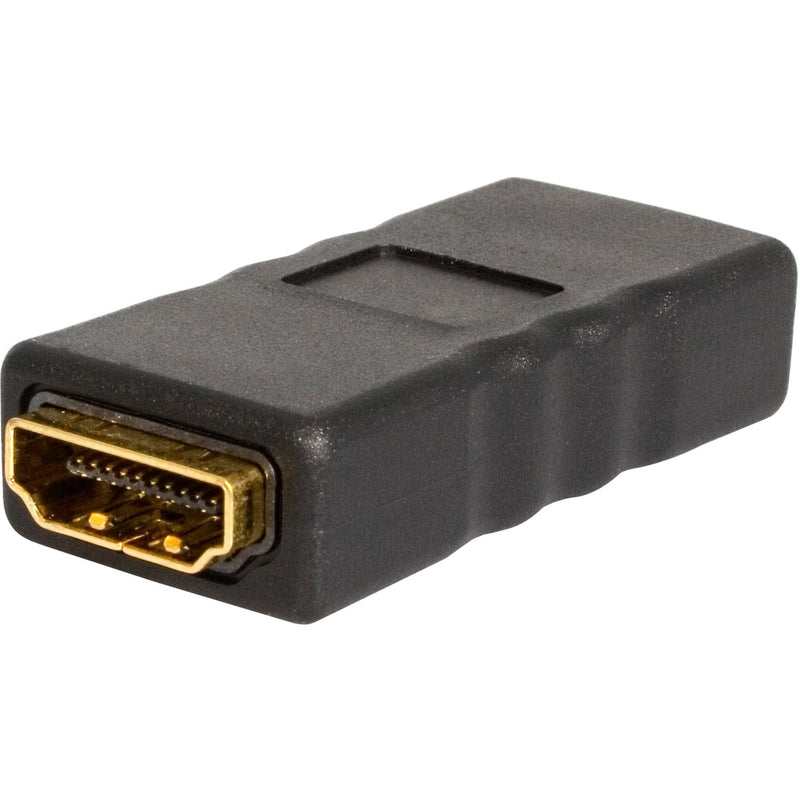 StarTech.com HDMI female coupler showing gold-plated connector interface and durable black housing