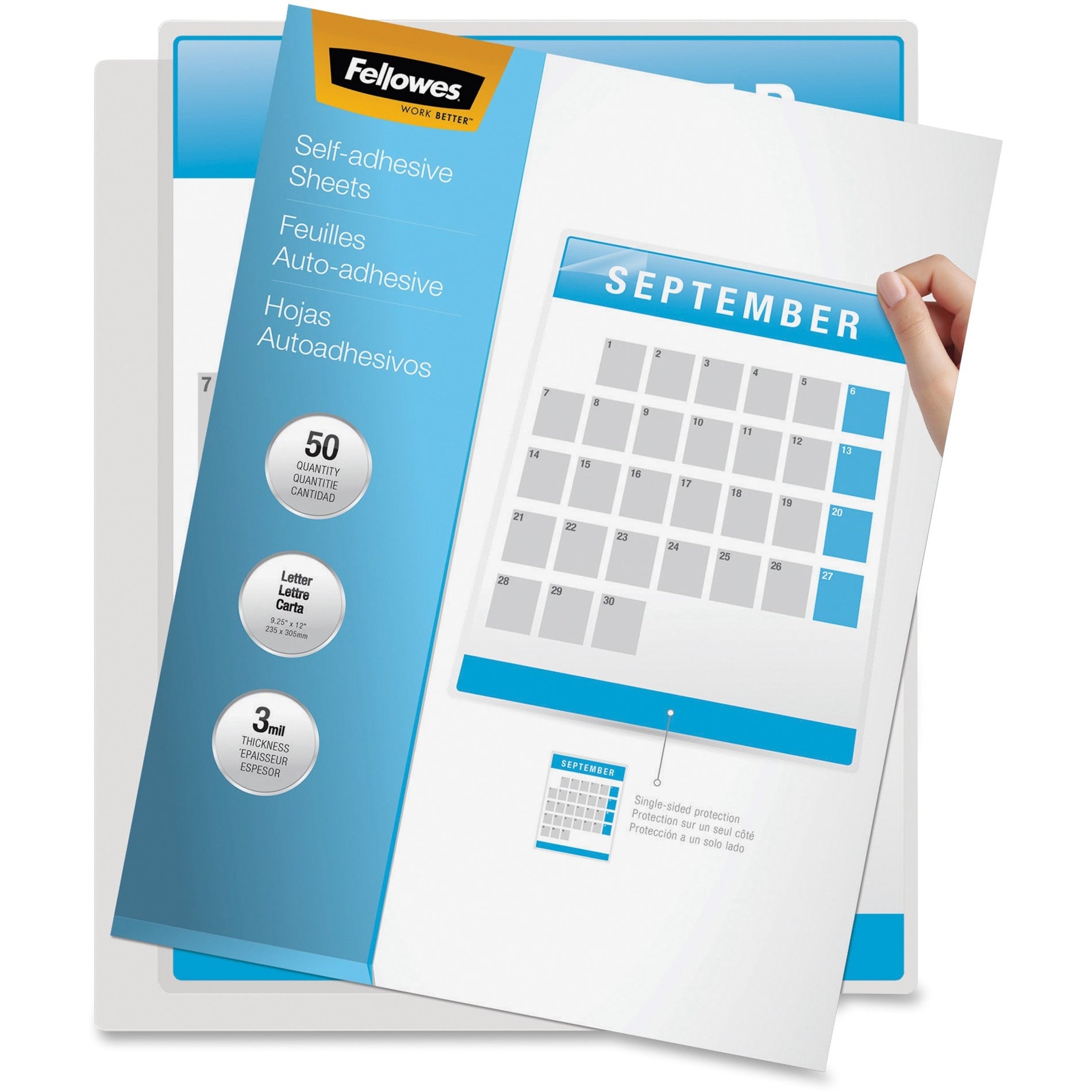 Fellowes self-adhesive laminating sheets package showing product features and calendar demonstration-alternate-image1