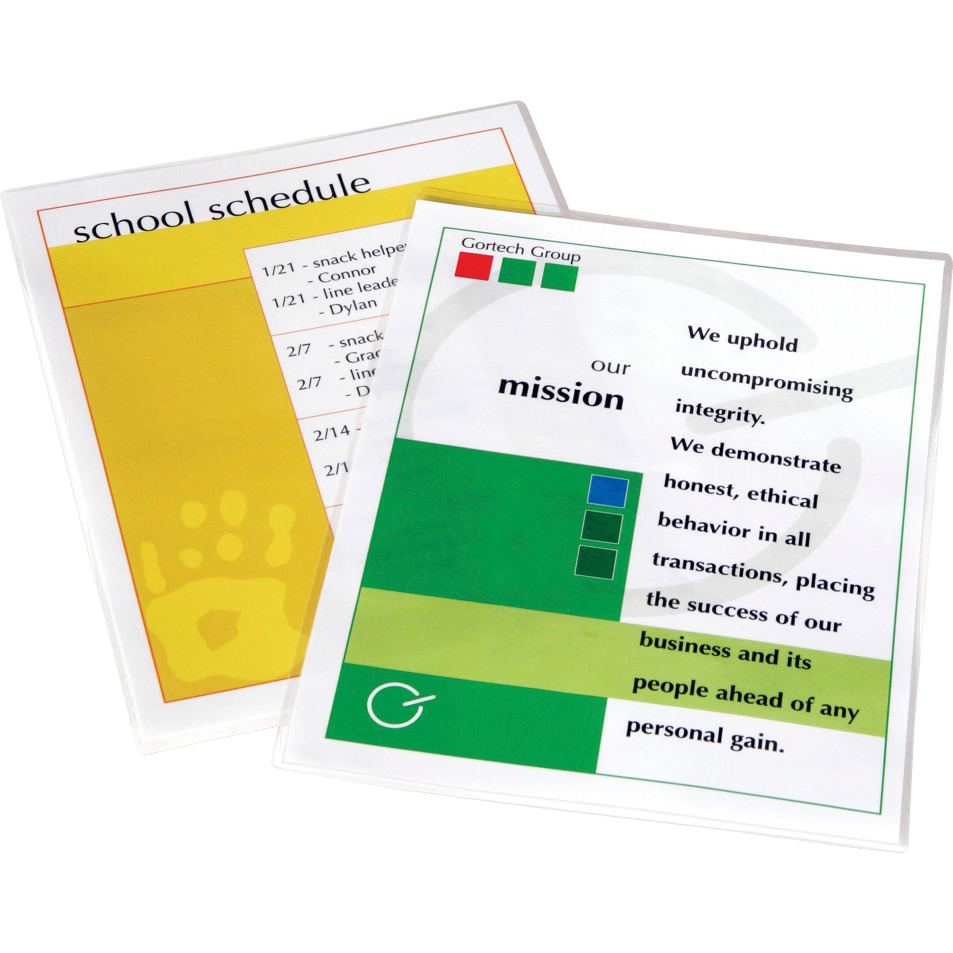 Laminated business documents showing mission statement and schedule protected by Fellowes sheets-alternate-image2