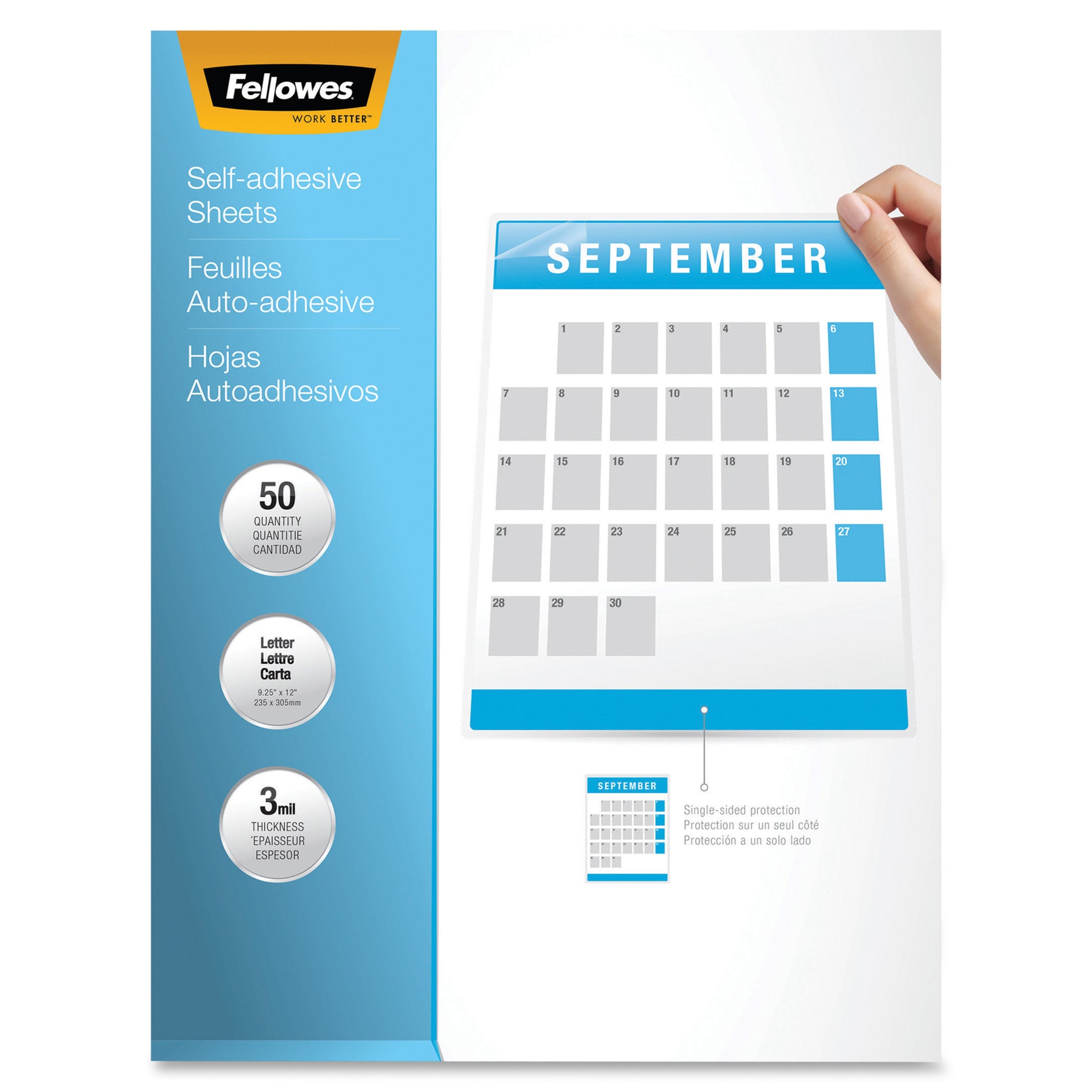 Close-up of Fellowes laminating sheets package showing trilingual product information-alternate-image3