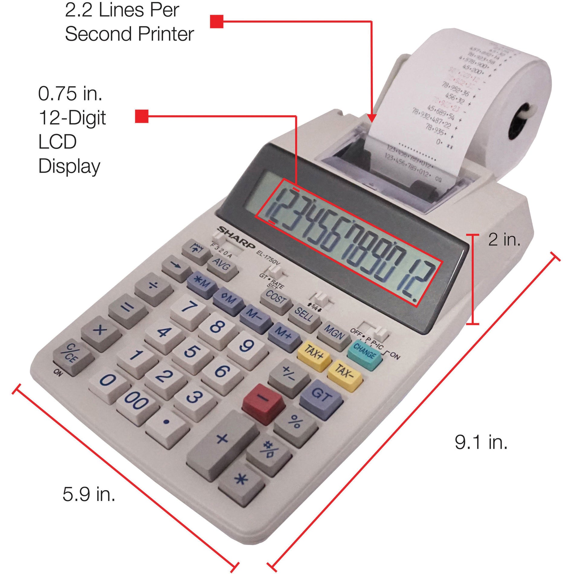 Sharp Taschenrechner EL1750V 12-stelliger Drucktaschenrechner Steuerkosten Verkaufsmarge Korrekturtaste 4 Speicher Desktop Weiß