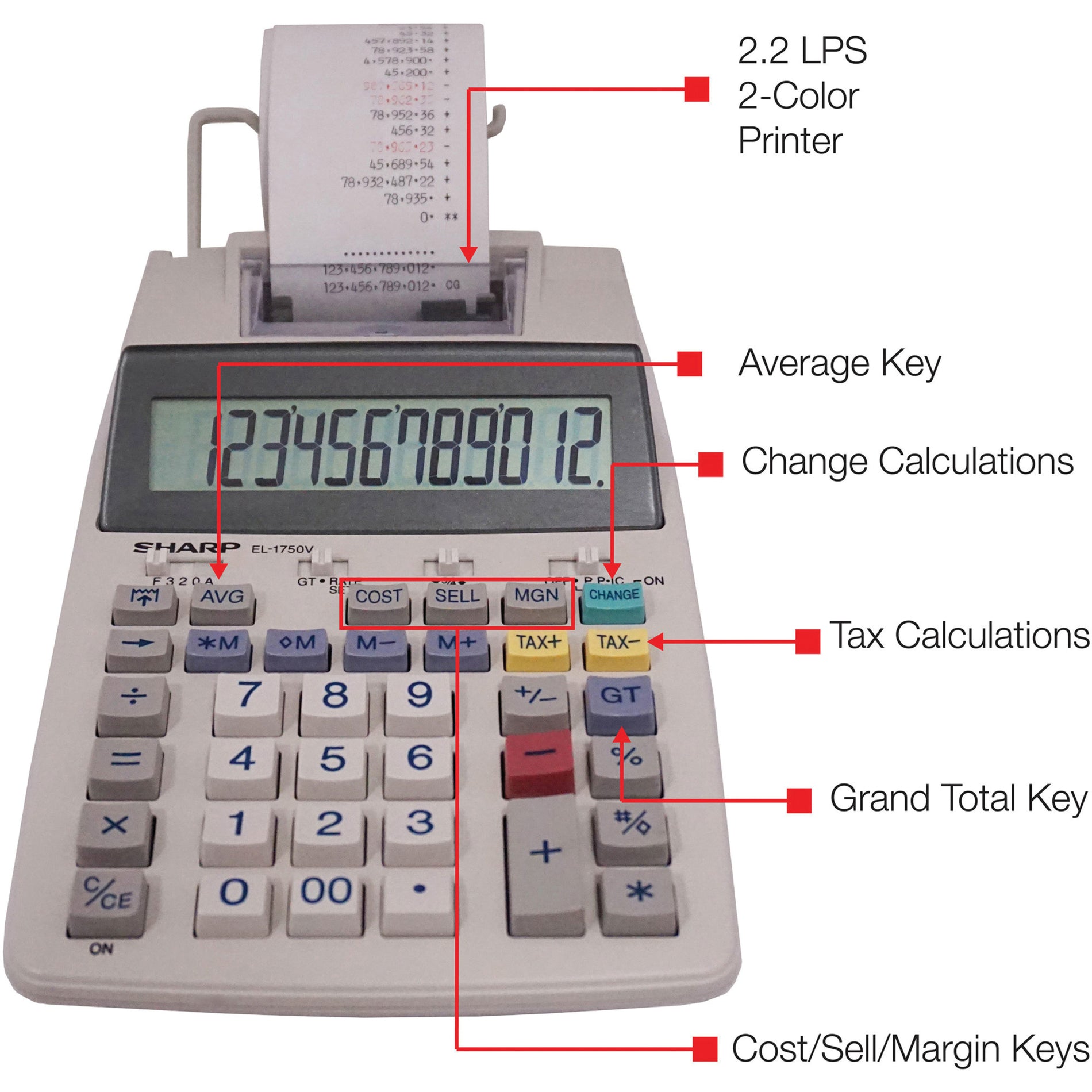 Sharp Taschenrechner EL1750V 12-stelliger Drucktaschenrechner Steuerkosten Verkaufsmarge Korrekturtaste 4 Speicher Desktop Weiß