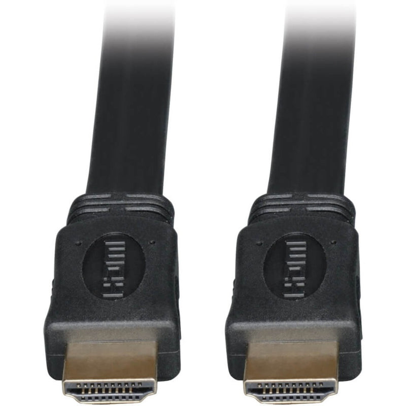 Close-up view of two black flat HDMI connectors with gold-plated terminals and Tripp Lite branding