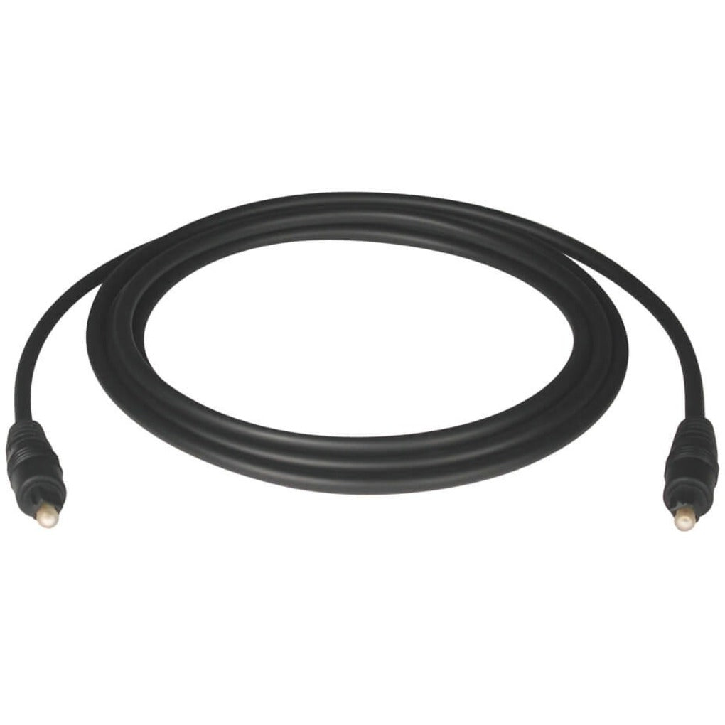 Tripp Lite A102-01M black Toslink digital optical audio cable with male connectors on both ends, coiled in a circular shape against white background-alternate-image1