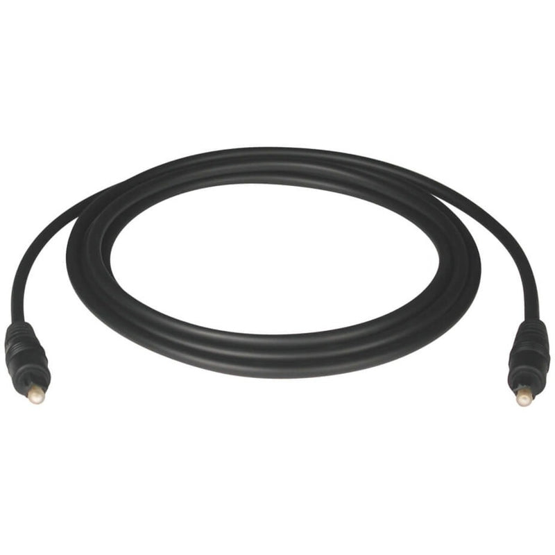 Tripp Lite A102-01M black Toslink digital optical audio cable with male connectors on both ends, coiled in a circular shape against white background