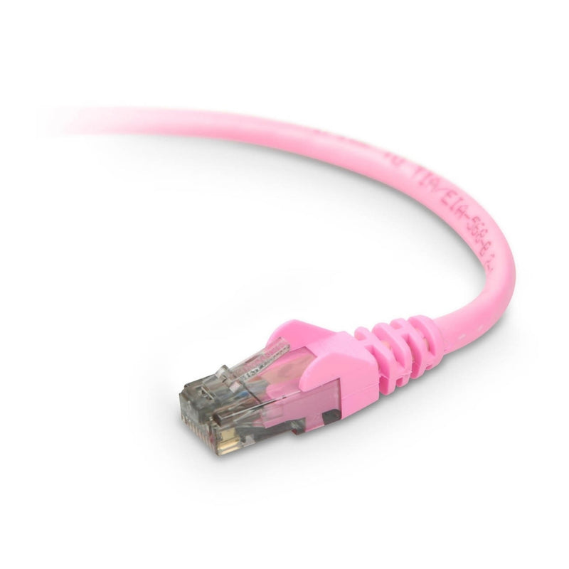 Pink Cat6 ethernet patch cable with transparent RJ-45 connector and snagless boot design