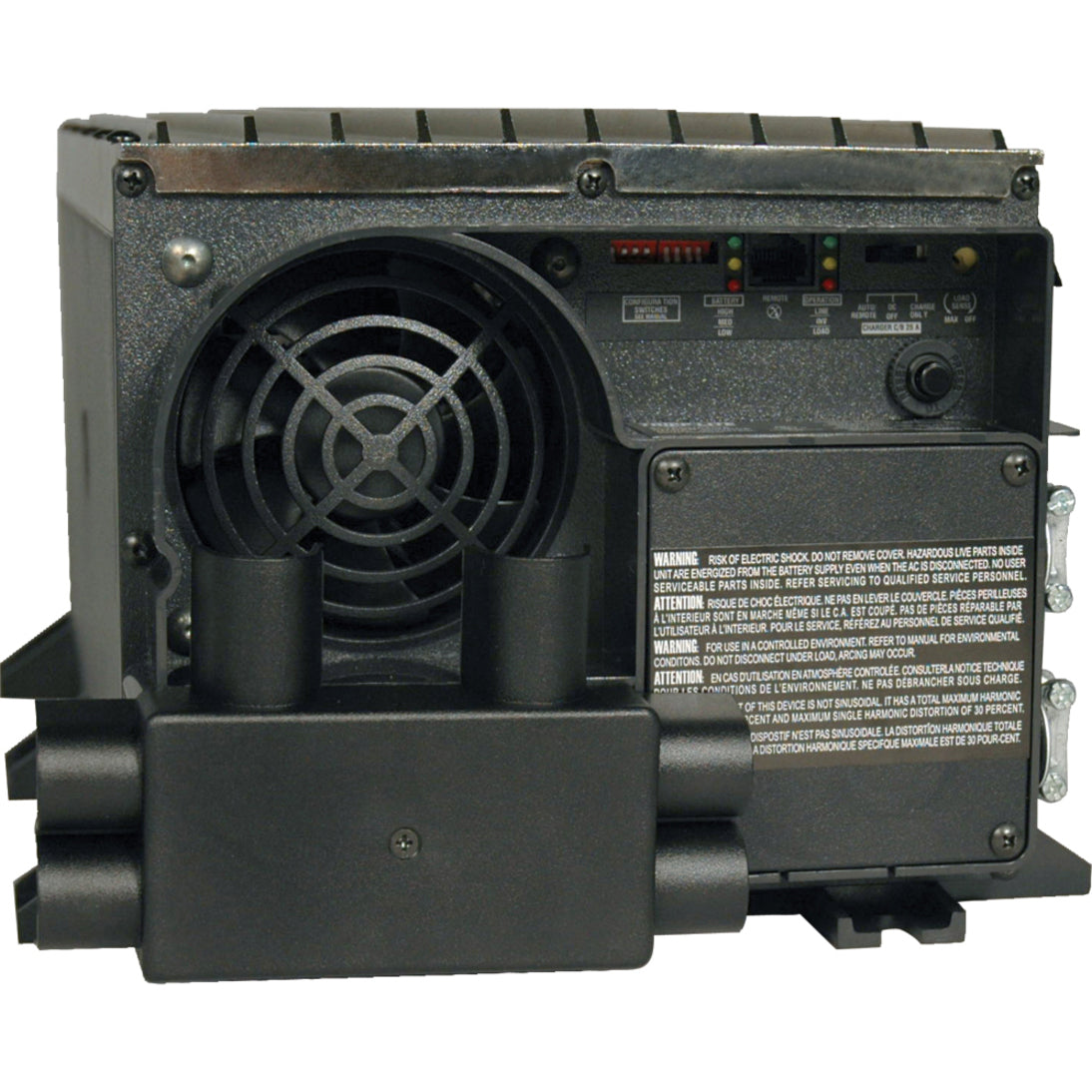 Close-up view of the Tripp Lite MRV2012UL power inverter's cooling fan and control panel with status indicators-alternate-image1