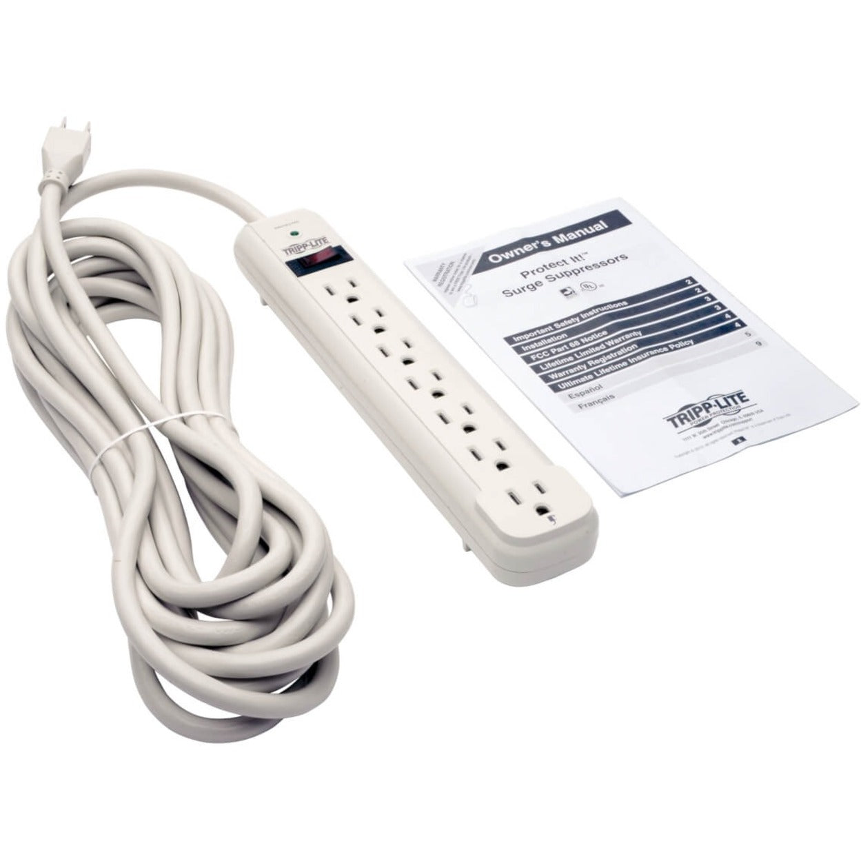 Full package contents of Tripp Lite TLP725 including surge protector, cord, and manual-alternate-image6