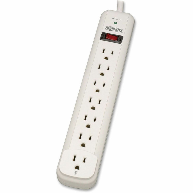 Front view of Tripp Lite TLP725 surge protector showing 7 power outlets and power switch