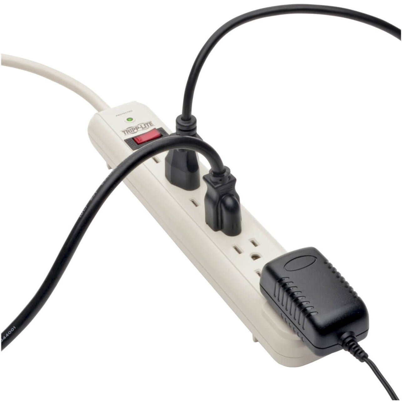 Close-up of Tripp Lite TLP725 showing spacing between outlets with power adapters plugged in-alternate-image3