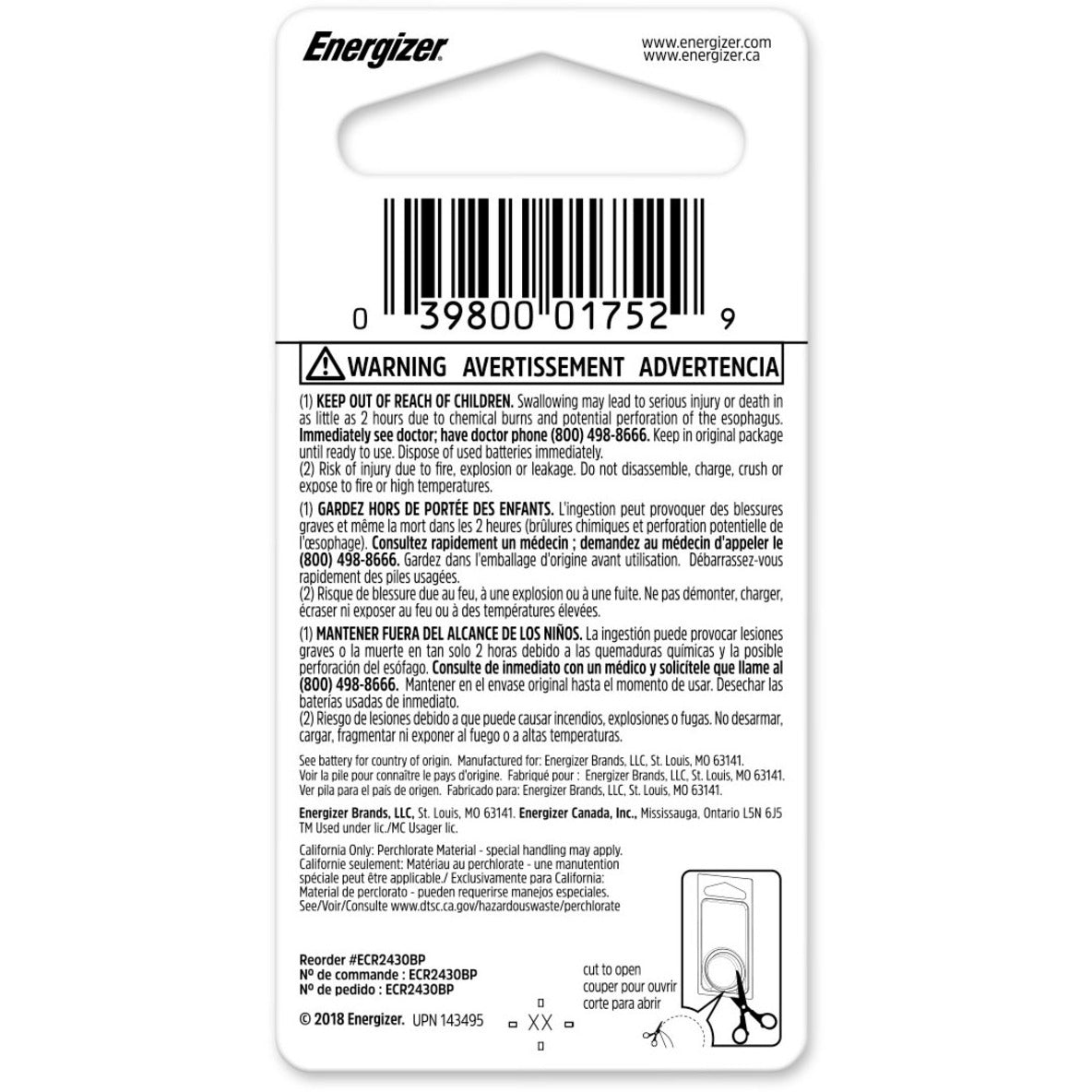 Energizer lithium coin battery safety information and warning label with multiple language instructions-alternate-image1