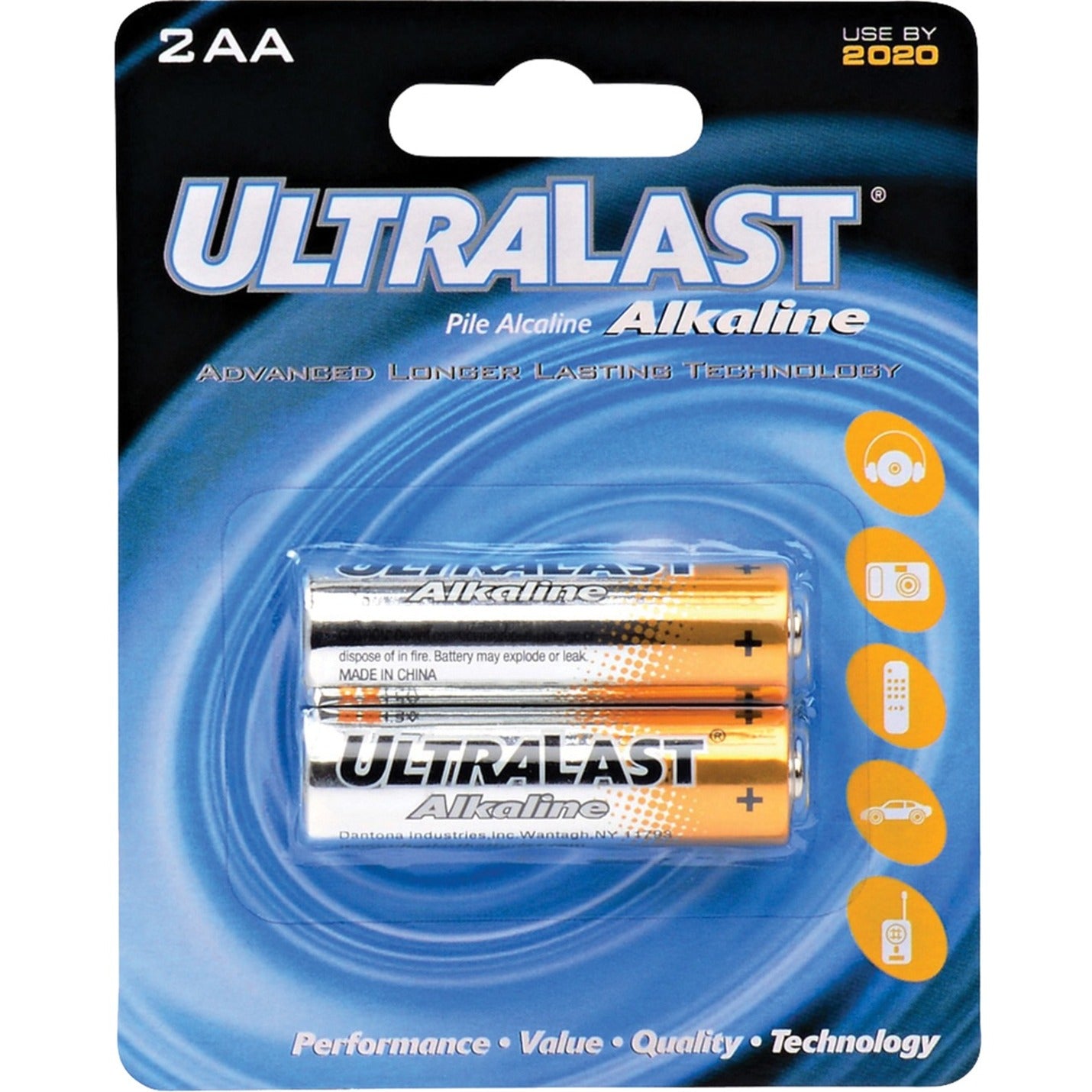 UltraLast Green AA Alkaline Batteries 2-pack in retail packaging with blue spiral background design-alternate-image1