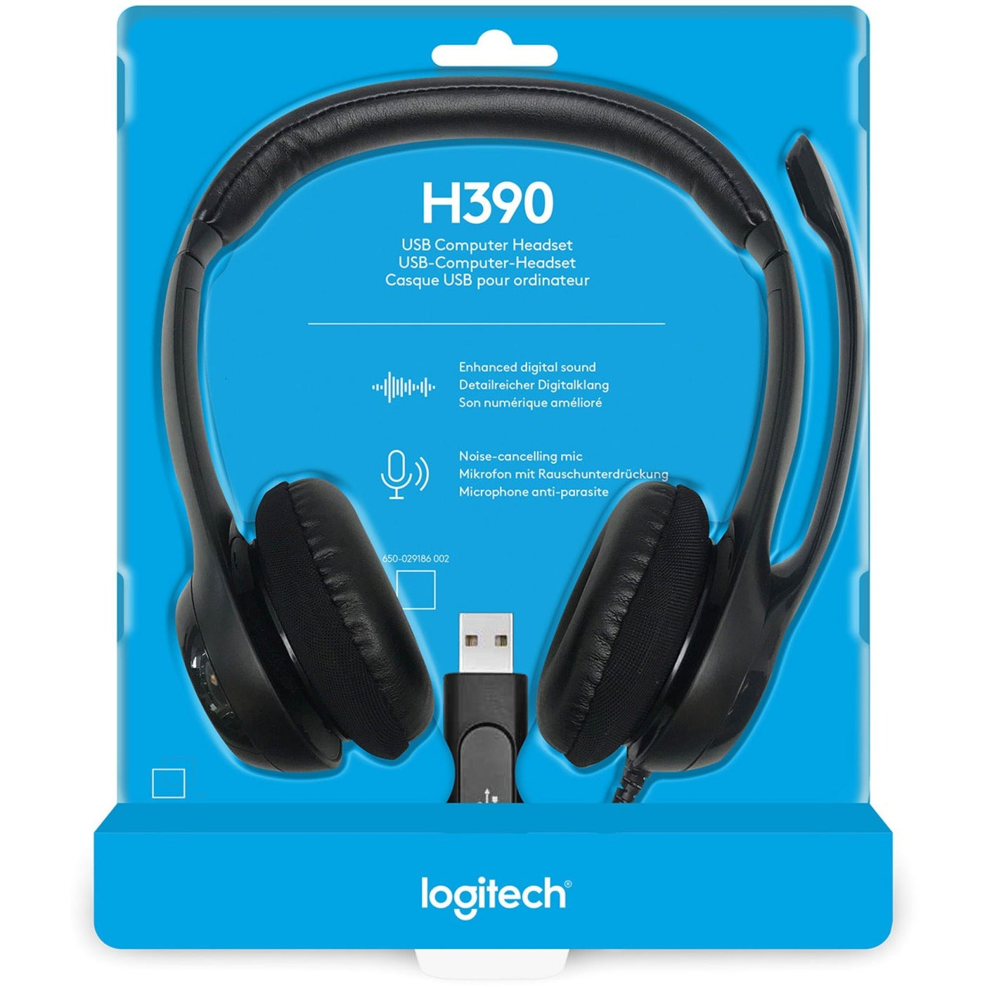 Retail packaging of Logitech H390 USB headset with feature highlights-alternate-image11