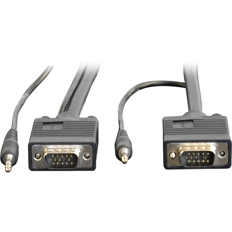 Detailed view of VGA connector pins and audio port construction on Tripp Lite cable