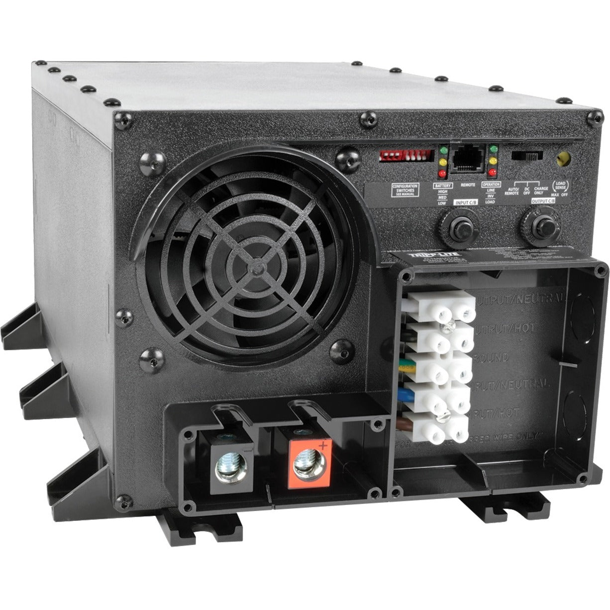 Rear view of Tripp Lite APS2012 PowerVerter showing cooling fan, connection terminals, and control panel with LED indicators-alternate-image1