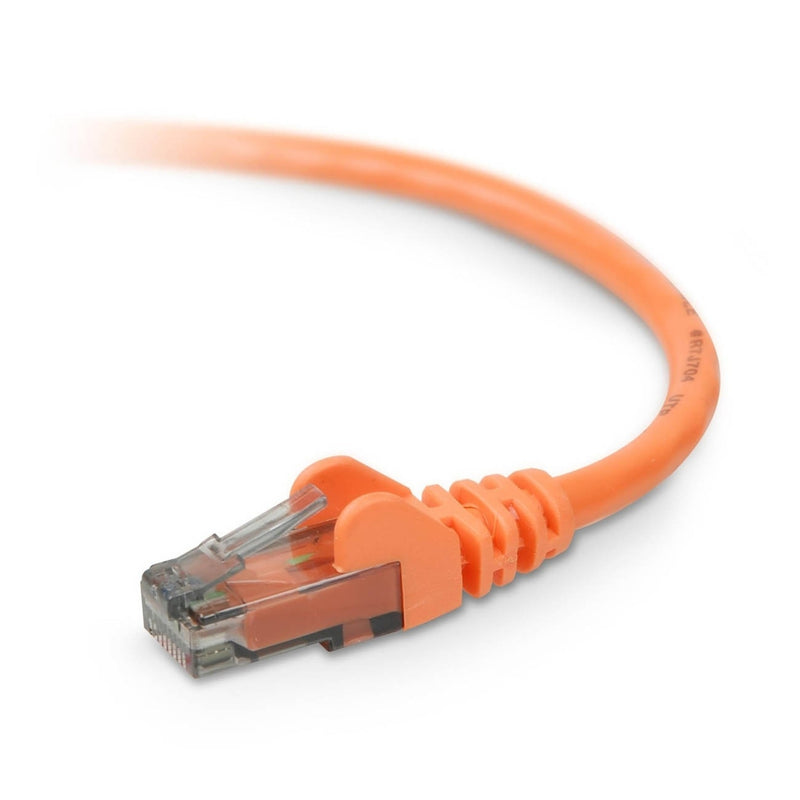 Close-up view of orange Cat6 ethernet cable with transparent RJ45 connector and snagless boot design