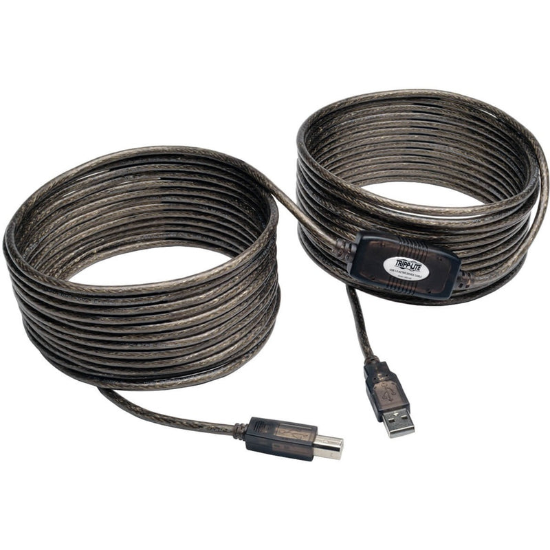 Tripp Lite USB 2.0 active cable showing coiled length with built-in signal repeater