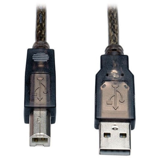 Close-up view of Tripp Lite USB Type-A and Type-B connectors with transparent housing