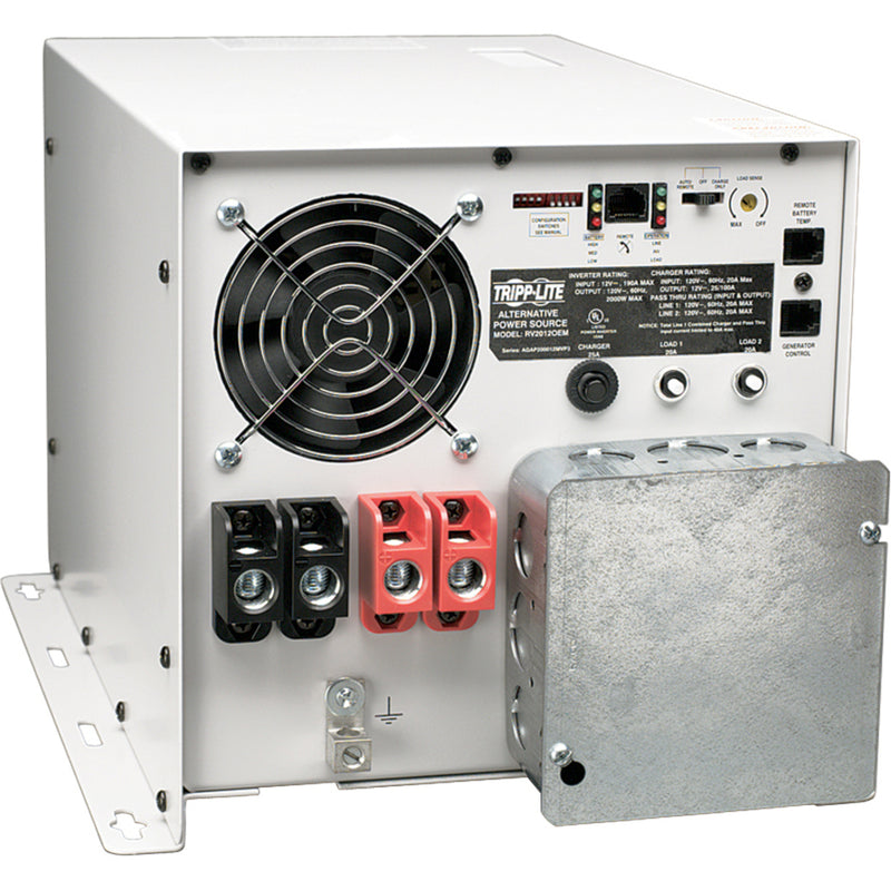 Rear view of Tripp Lite RV3012OEM inverter showing cooling fan, terminal connections, and control panel with dual-circuit capability