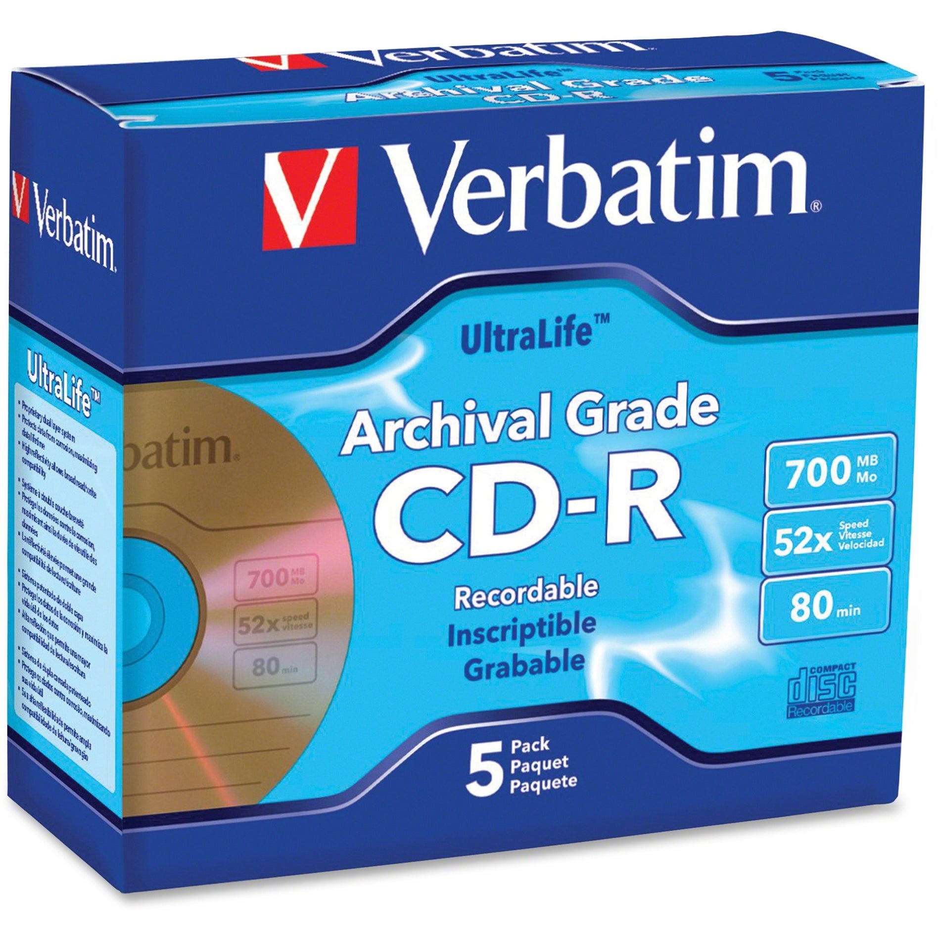 Verbatim 96319 Archival Grade CD-R 80MIN 700MB 52x 5pk Jewel Case, Lifetime Warranty