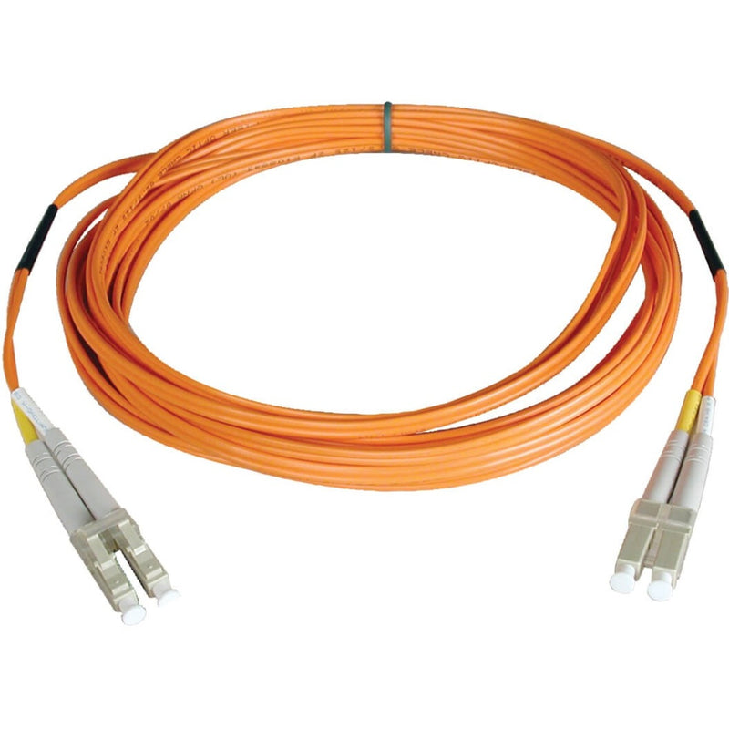 Tripp Lite N320-07M orange fiber optic cable with LC connectors, coiled view showing 23-foot length and duplex construction