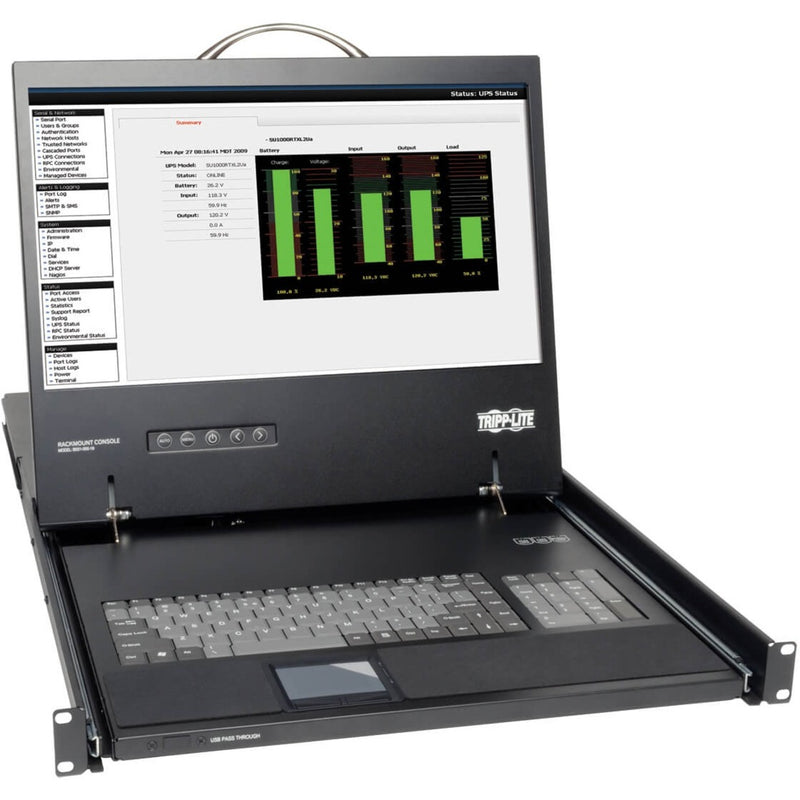 Tripp Lite rackmount console displaying system monitoring interface on 19-inch LCD screen with keyboard and touchpad