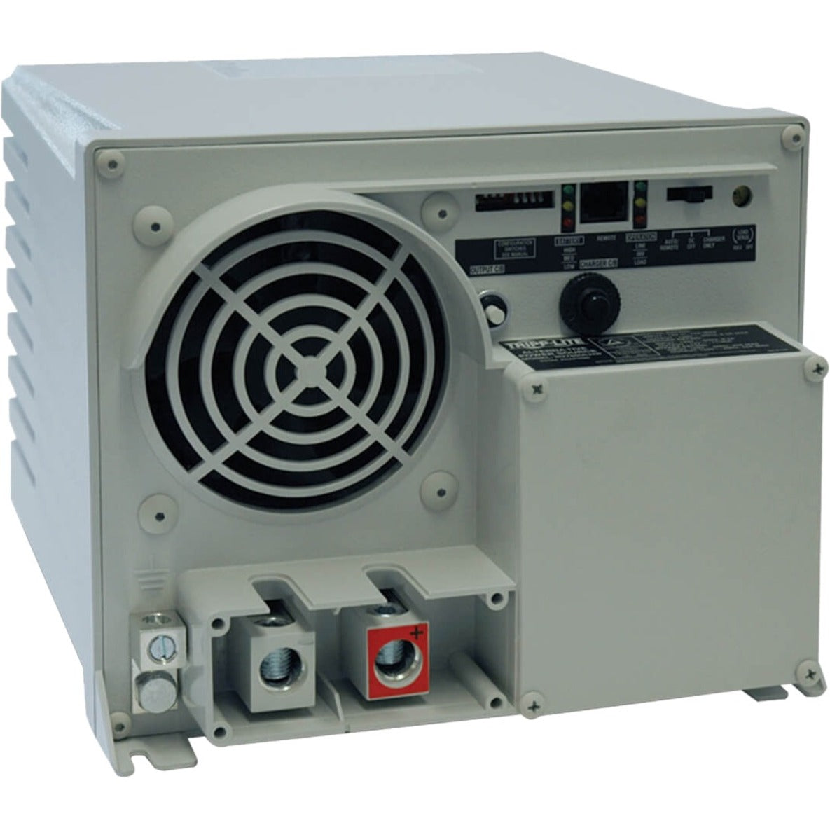 Tripp Lite RV1250ULHW inverter/charger showing cooling fan, DC terminals, and control interface panel-alternate-image1