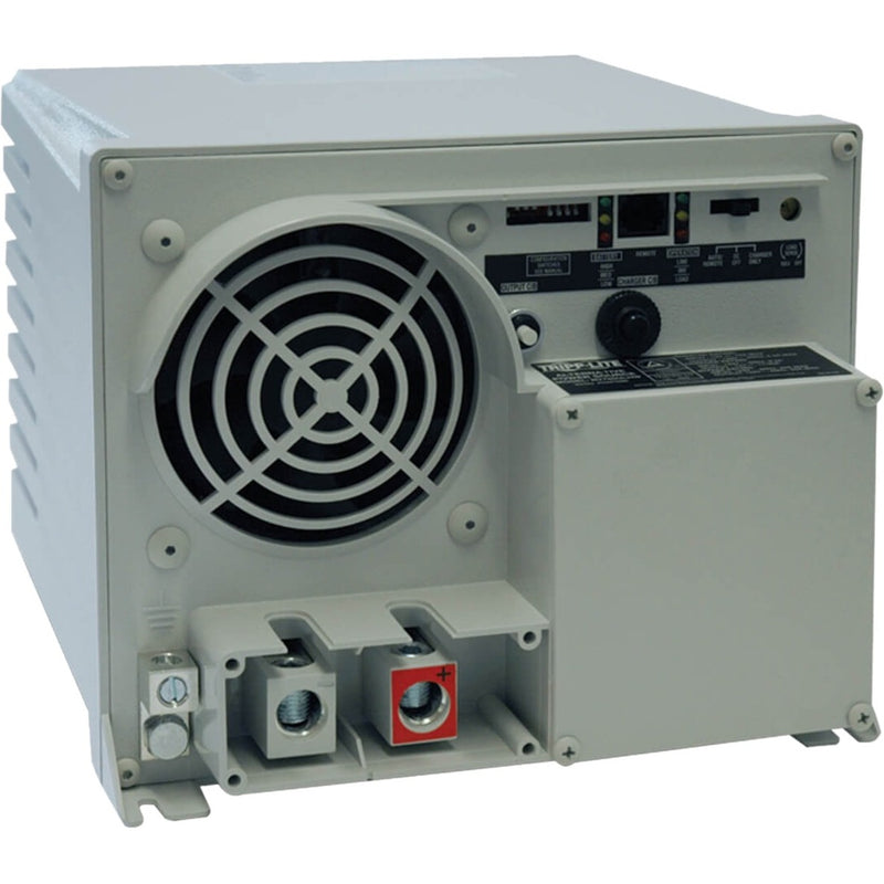 Tripp Lite RV1250ULHW inverter/charger showing cooling fan, DC terminals, and control interface panel